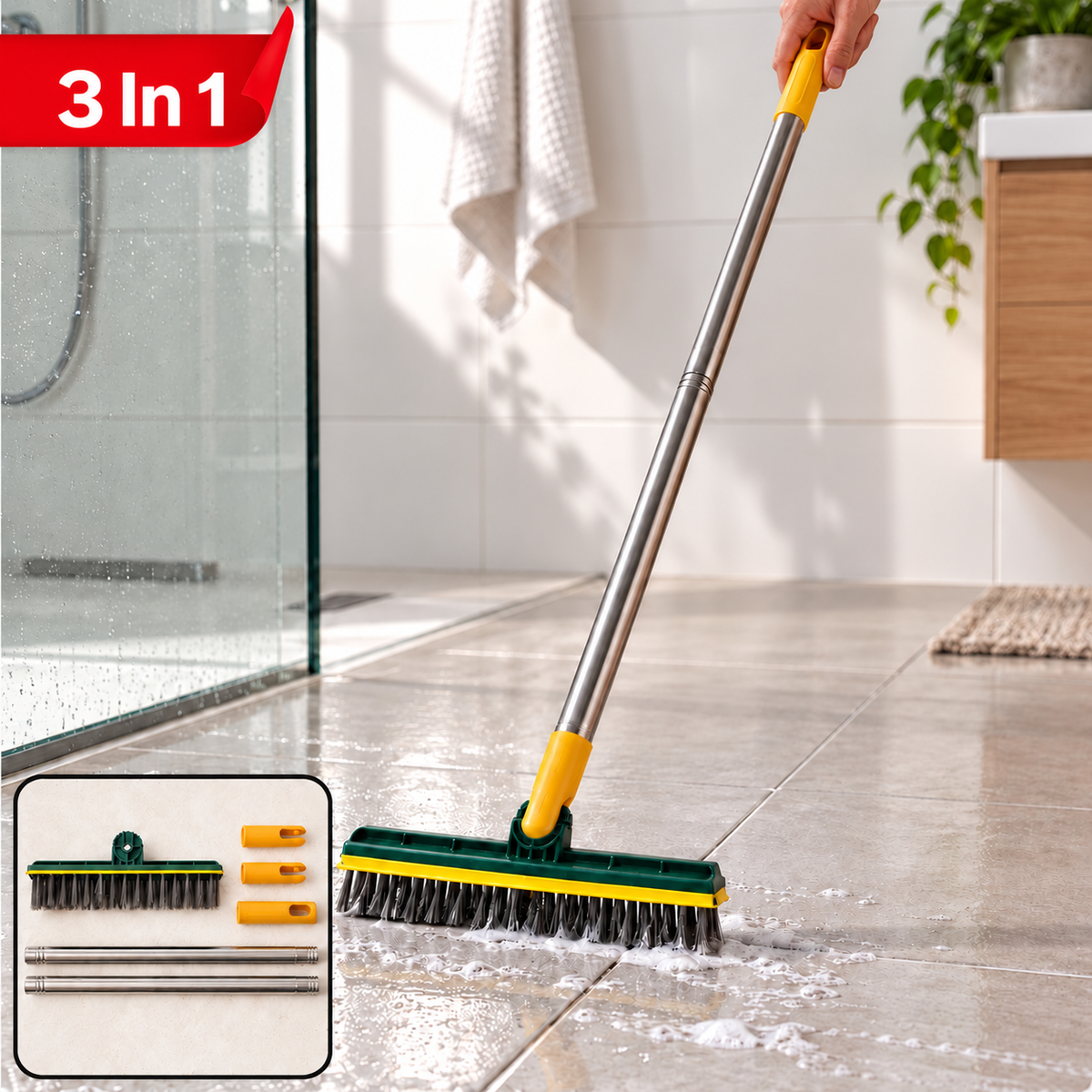 3 In 1 Floor Cleaning Brush With Water Scraper And Metal Handle For Bathroom Use