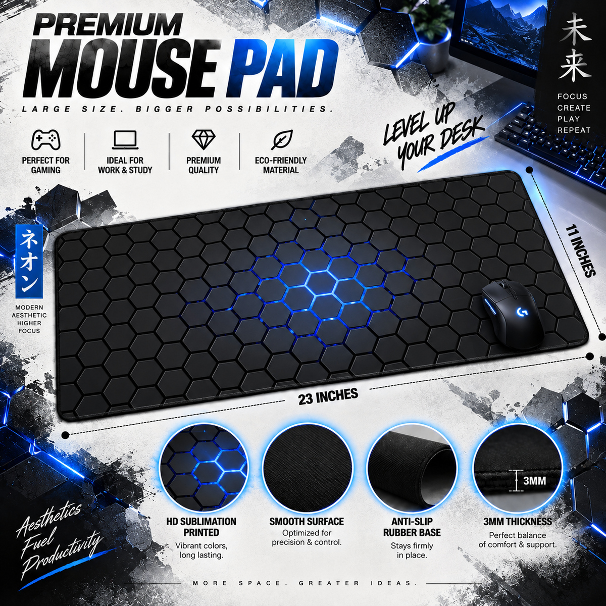 Blue Honeycomb Gaming Mouse Pad – XXL Desk Mat | Anti-Skid Rubber Base