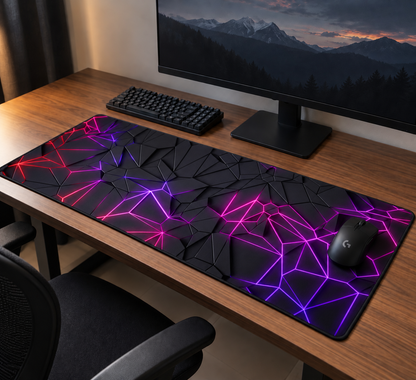 Neon Purple Geometric Gaming Mouse Pad – XXL Desk Mat | Anti-Skid Rubber Base