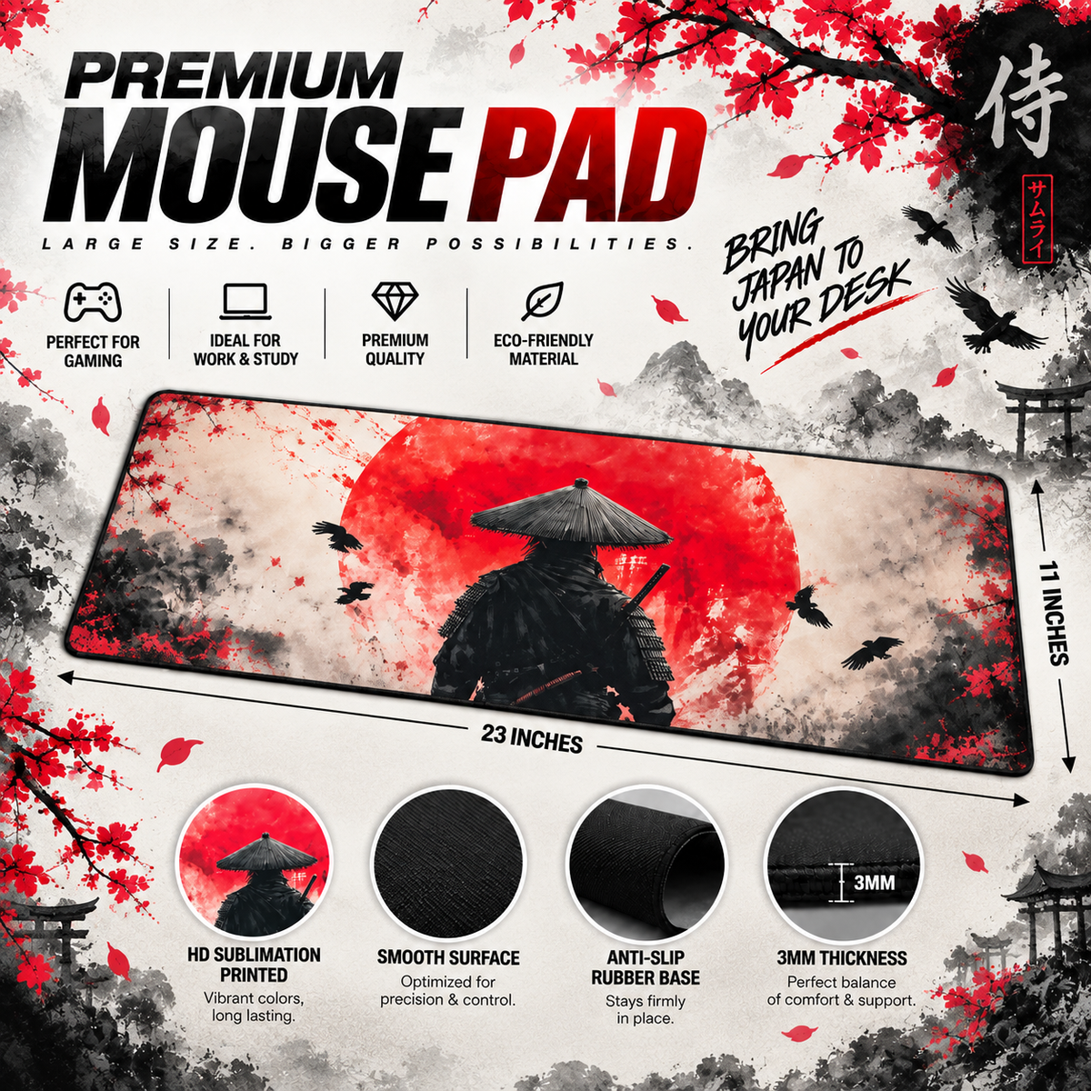 Japanese Samurai Gaming Mouse Pad – XXL Desk Mat | Anti-Skid Rubber Base
