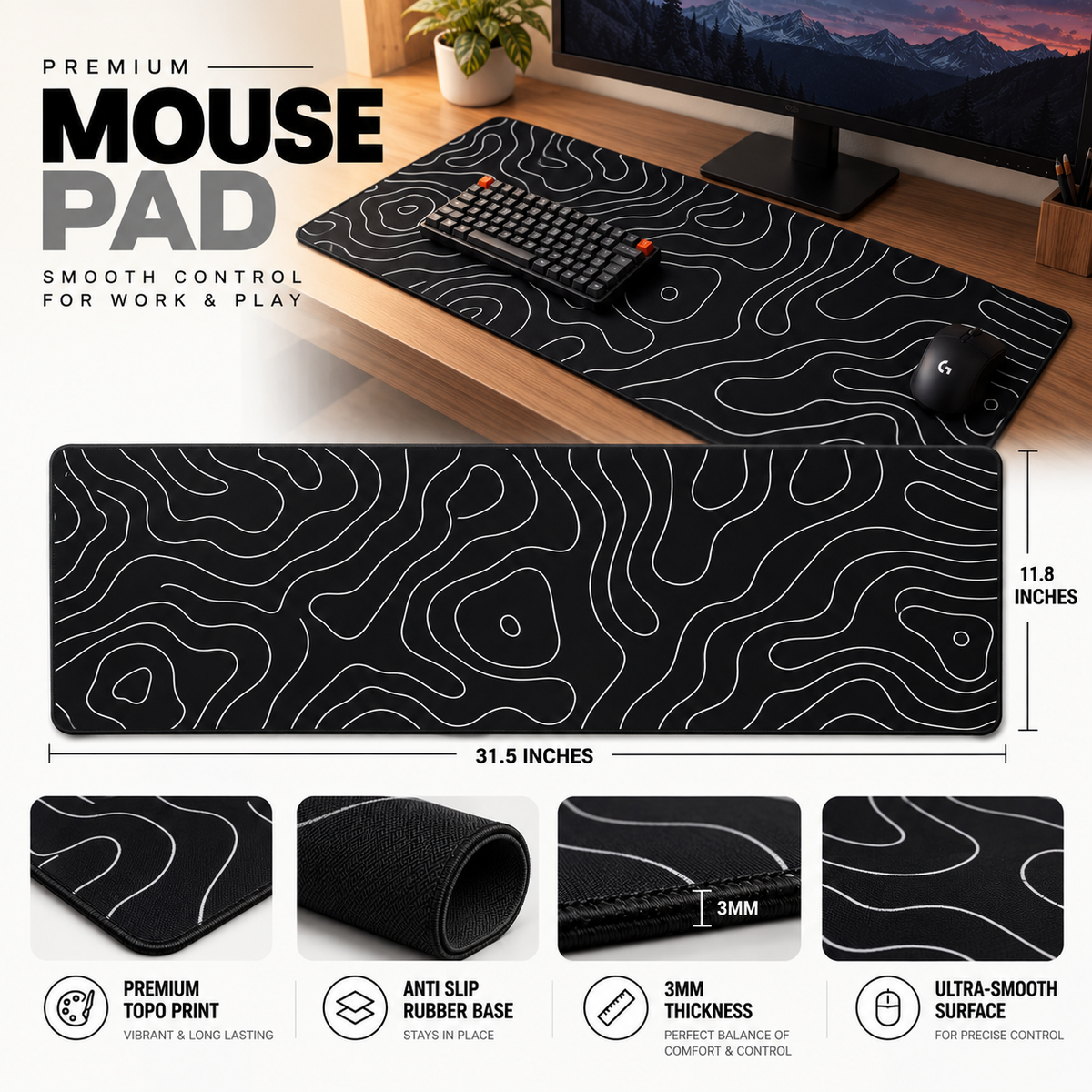 Premium Gaming Mouse Pad – XXL Desk Mat | Anti-Skid Rubber Base