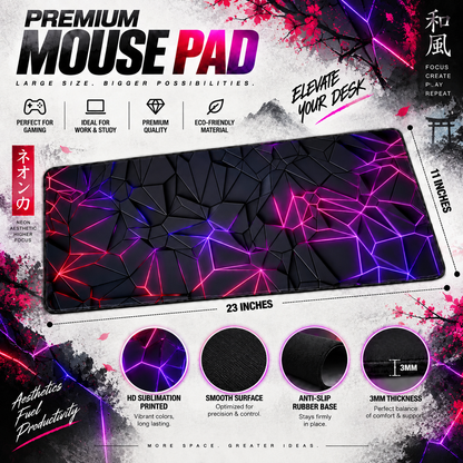 Neon Purple Geometric Gaming Mouse Pad – XXL Desk Mat | Anti-Skid Rubber Base
