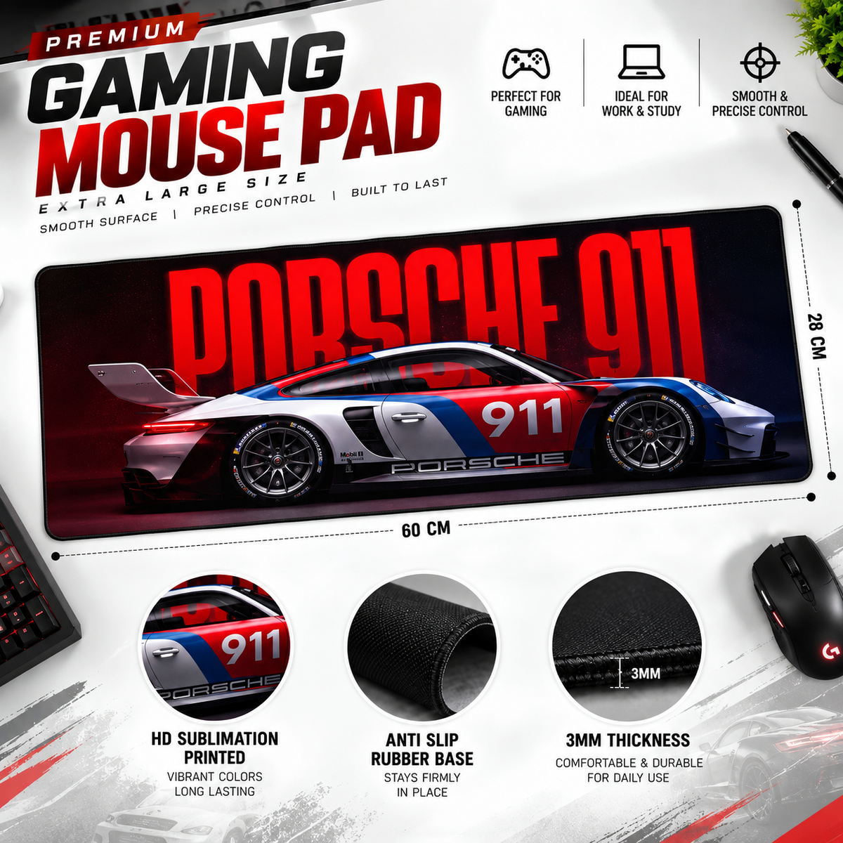 Porsche 911 Gaming Mouse Pad – XXL Desk Mat | Anti-Skid Rubber Base